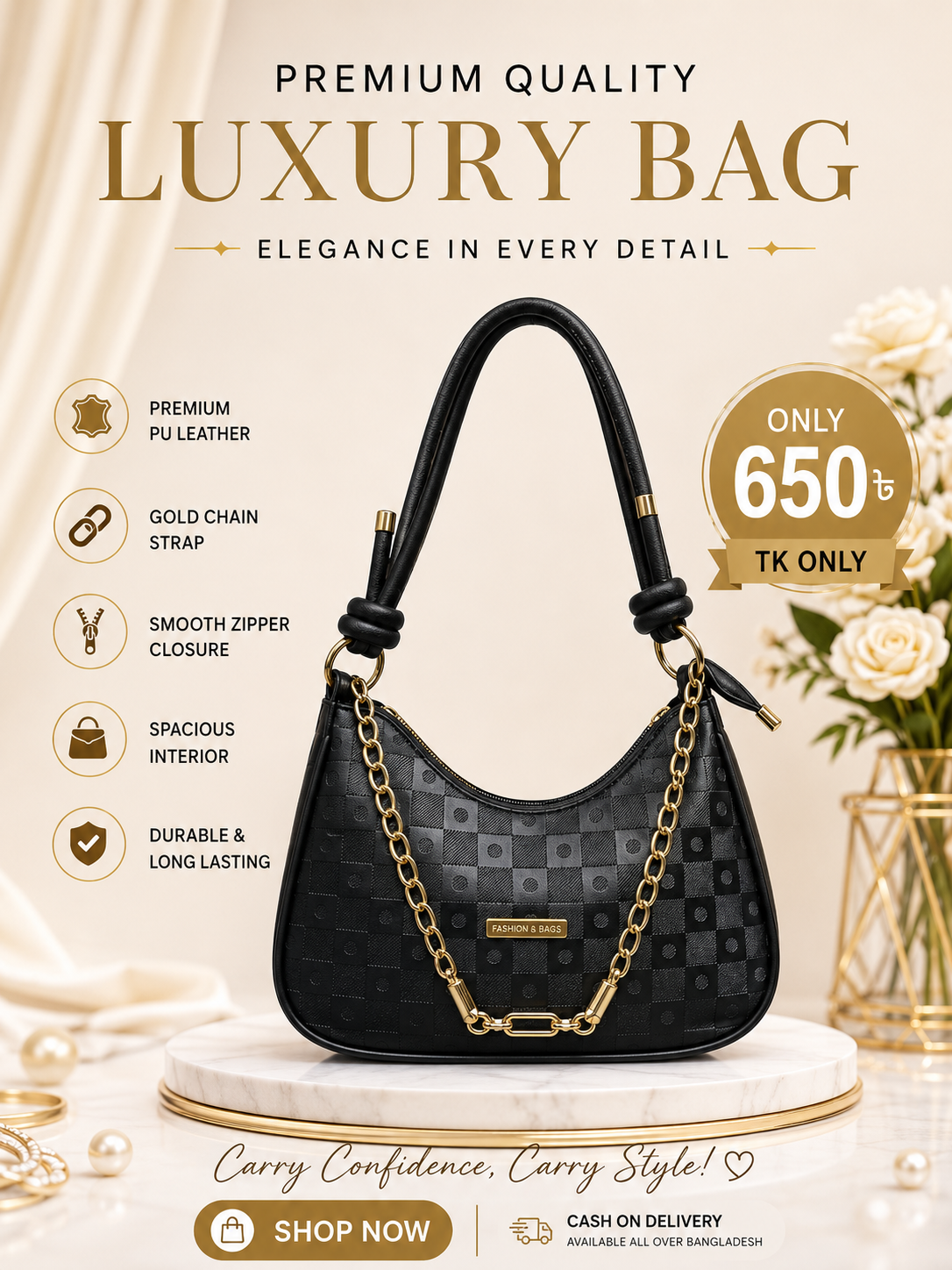 Cream Luxury Ladies Handbag in Bangladesh | Premium Shoulder Chain Bag